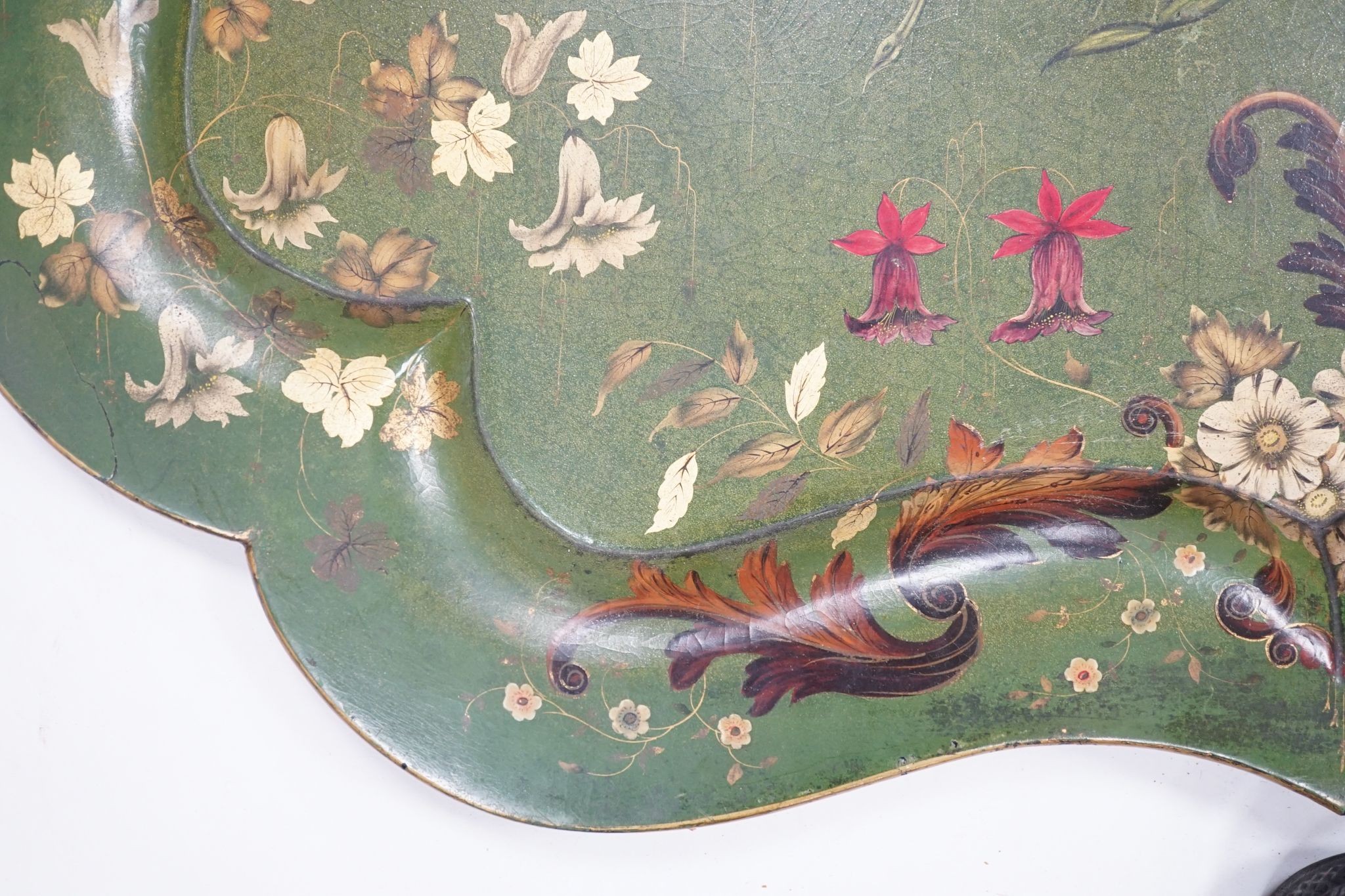 A large Victorian papier mache tray, decorated with butterflies and flowers, 62x82cm